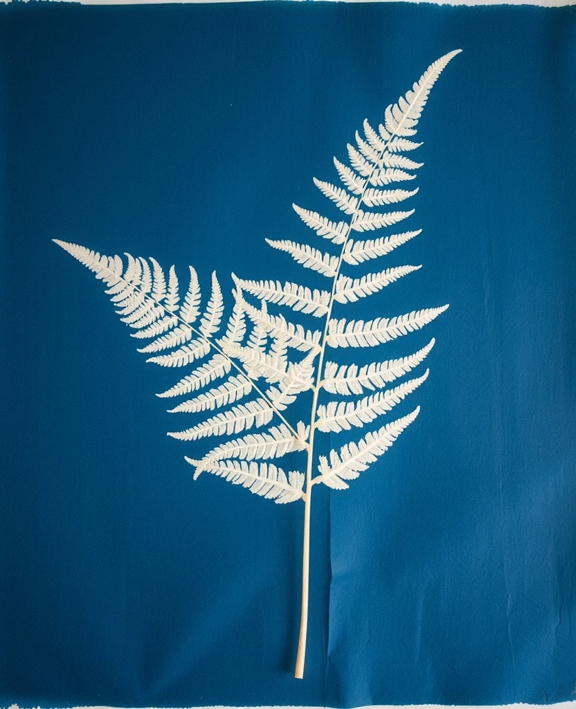 Botaniczna sylwetka paproci w stylu cyjanotypii